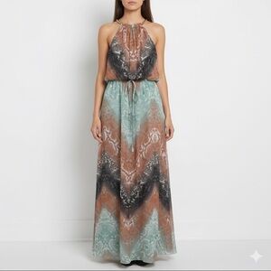 Vince Camuto Maxi Dress in Teal, Terracotta, and Grey Designer Dress with Halter